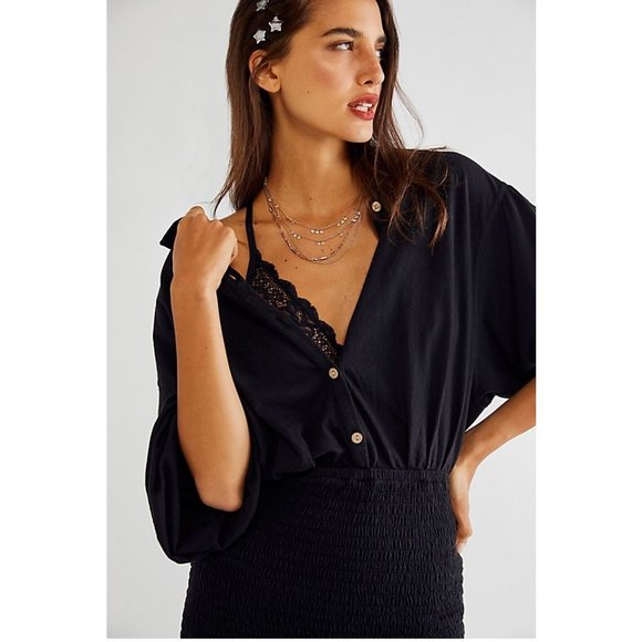 Free People Beach Shane Mini Dress / Small / Black Billowy Smocked - Picture 3 of 7